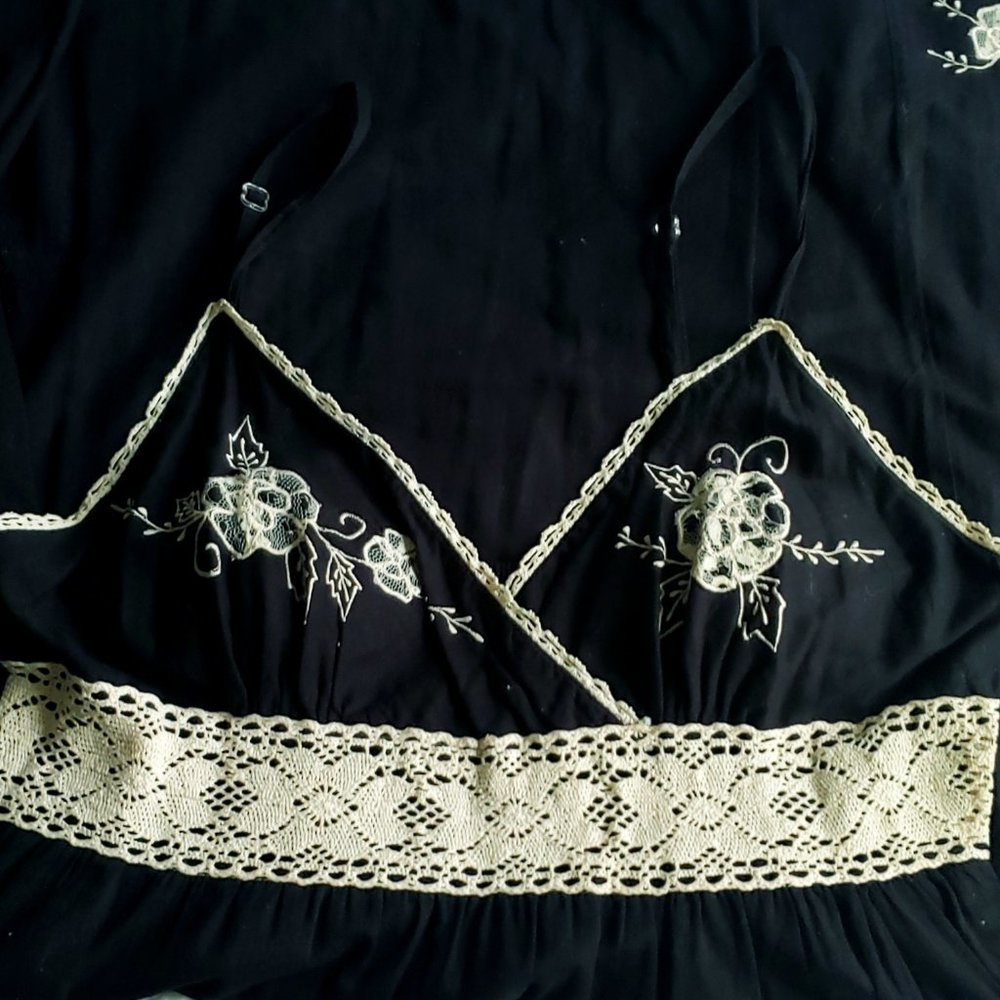 Black Spaghetti Strapped Midi with Floral Trim